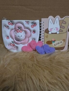 Kids Cute Pink Cherry Lamb Coin Purse, Mini Notebook, 4 Heart Hairclips NWOT